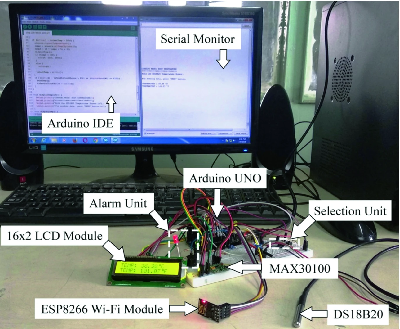 Image for Smart Health Monitoring System for Temperature, Blood Oxygen Saturation, and Heart Rate Sensing with Embedded Processing and Transmission Using IoT Platform